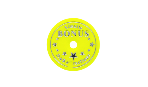 Neon yellow Funfair Token round with foil print and pierced with hole