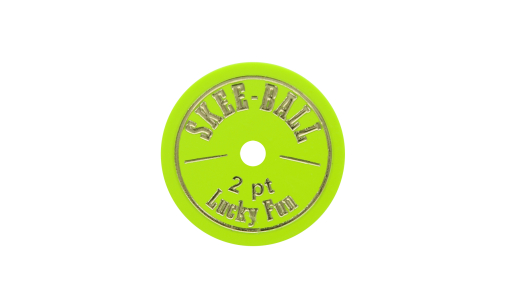 Neon green Funfair Token round with foil print and pierced with hole