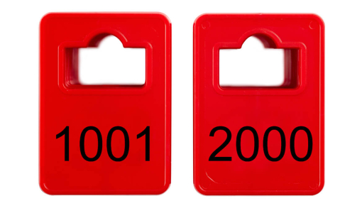 Red Plastic Coatroom Tokens numbered from 1001-2000 with rectangular opening