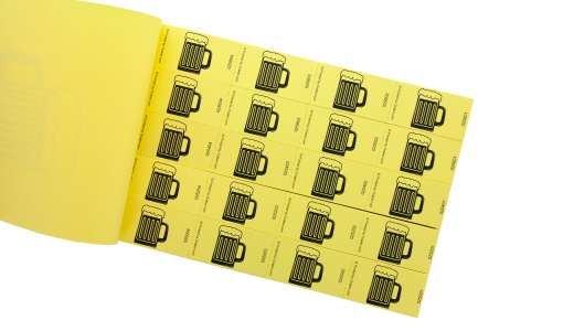 Light yellow Drink Vouchers in stock on a strip in a booklet with black print
