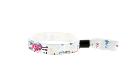 Printed Fabric Wristband in R-PET ribbon with plastic tube closure