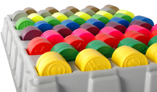 Grey Counting Tray filled with round tokens