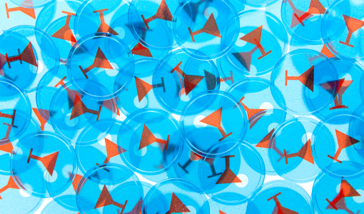 Round transparent blue In Stock Tokens printed with standard design