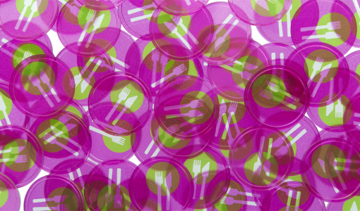 Round transparent pink In Stock Tokens printed with standard design