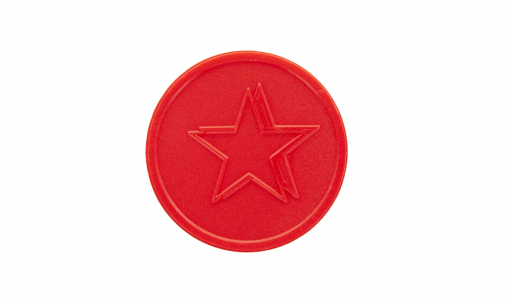 Red round In Stock Token engraved with standard design