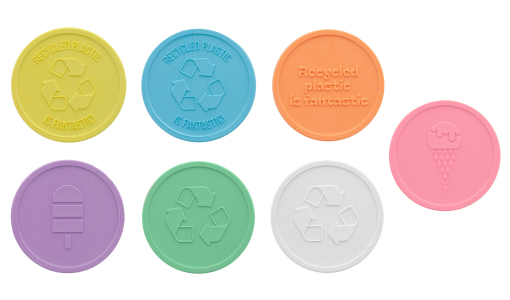 Zetony z recyklingowanego plastiku w pastelowych kolorach, okrągłe 29 mm z wytłoczonym logo