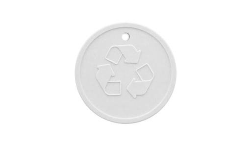 Round Embossed Recycled Plastic Token in white with pierced symbol