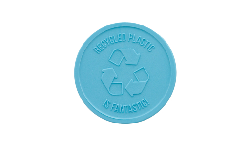 Round Recycled Plastic Token in pastel blue with embossed logo
