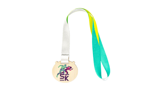 Custom Shaped Plywood Medal with printed design and pre-printed ribbon