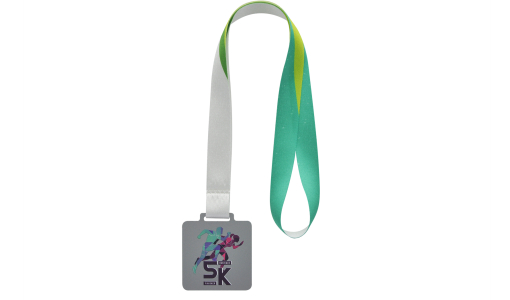 Square Aluminium Dibond Silver Medal with printed design and pre-printed ribbon