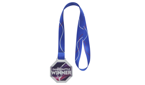 Octagonal Aluminium Dibond White Medal with printed design and pre-printed ribbon
