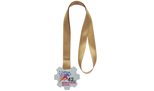 Custom Shaped Aluminium Dibond White Medal with printed design and pre-printed ribbon