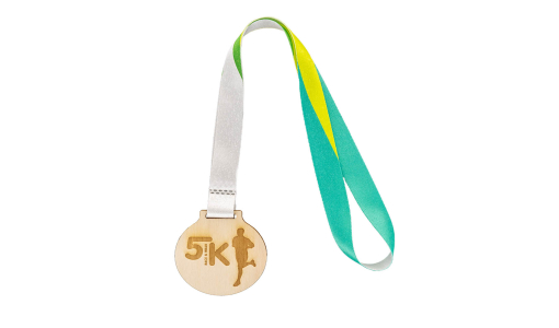 Round Plywood Medal with lasered design and pre-printed ribbon