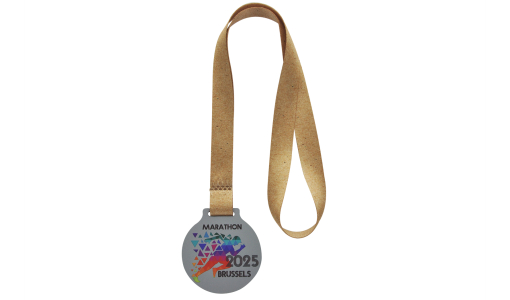 Round Aluminium Dibond Silver Medal with printed design and pre-printed ribbon