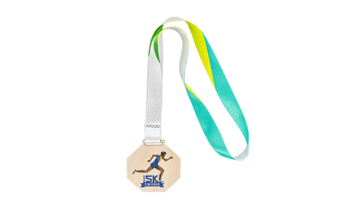 Octagonal Plywood Medal with printed design and pre-printed ribbon