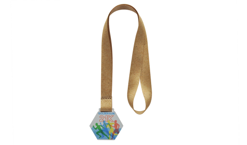Hexagonal Acrylic Medal with printed design and pre-printed ribbon
