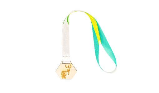 Hexagonal Plywood Medal with lasered design and pre-printed ribbon