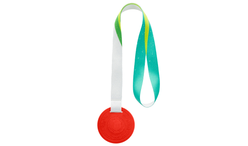 Red Biodegradable Medal with embossing and R-PET ribbon