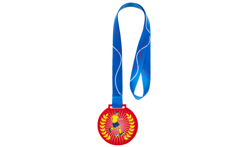 Printed Plastic Medal with satin ribbon and 80 mm diameter
