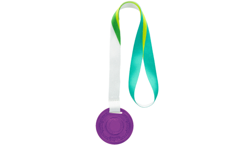 Dark purple Plastic Medal with embossing and R-PET ribbon