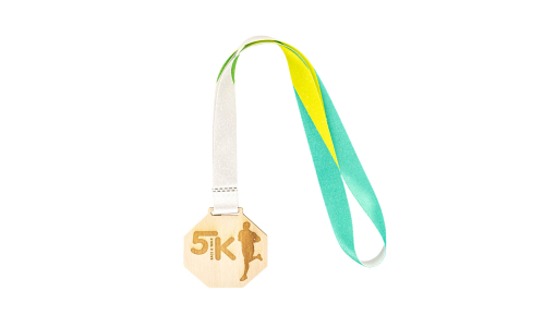 Octagonal Plywood Medal with lasered design and pre-printed ribbon