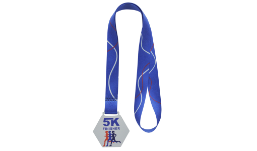 Hexagonal Aluminium Dibond White Medal with printed design and pre-printed ribbon