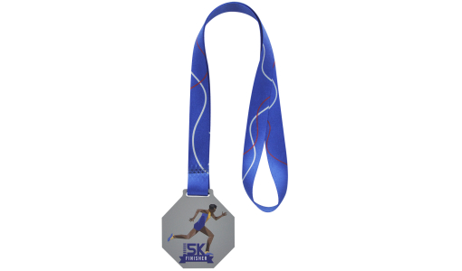 Octagonal Aluminium Dibond Silver Medal with printed design and pre-printed ribbon